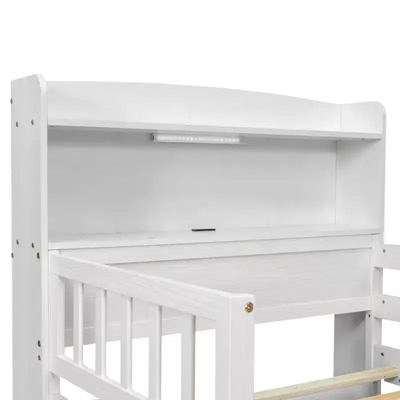 Lit plateforme double en bois avec éclairage LED intégré, tête de lit multifonctionnelle, garde-corps et tiroirs