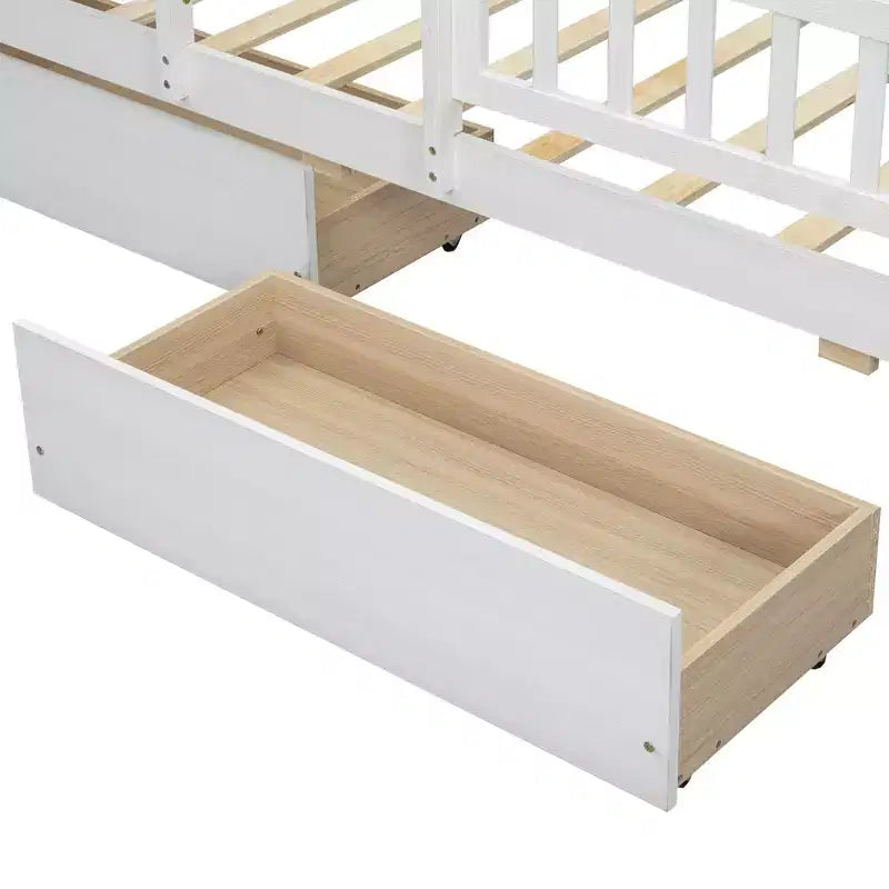 Lit plateforme double en bois avec éclairage LED intégré, tête de lit multifonctionnelle, garde-corps et tiroirs
