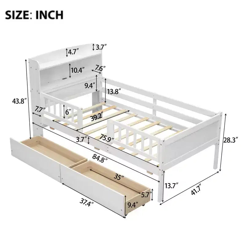 Lit plateforme double en bois avec éclairage LED intégré, tête de lit multifonctionnelle, garde-corps et tiroirs