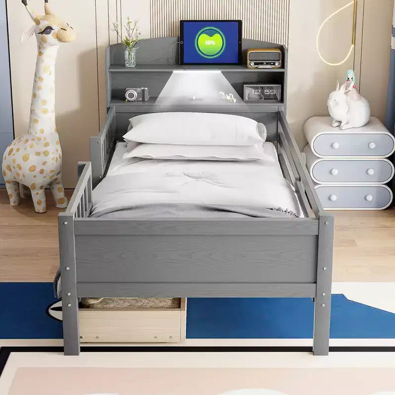 Lit plateforme double en bois avec éclairage LED intégré, tête de lit multifonctionnelle, garde-corps et tiroirs
