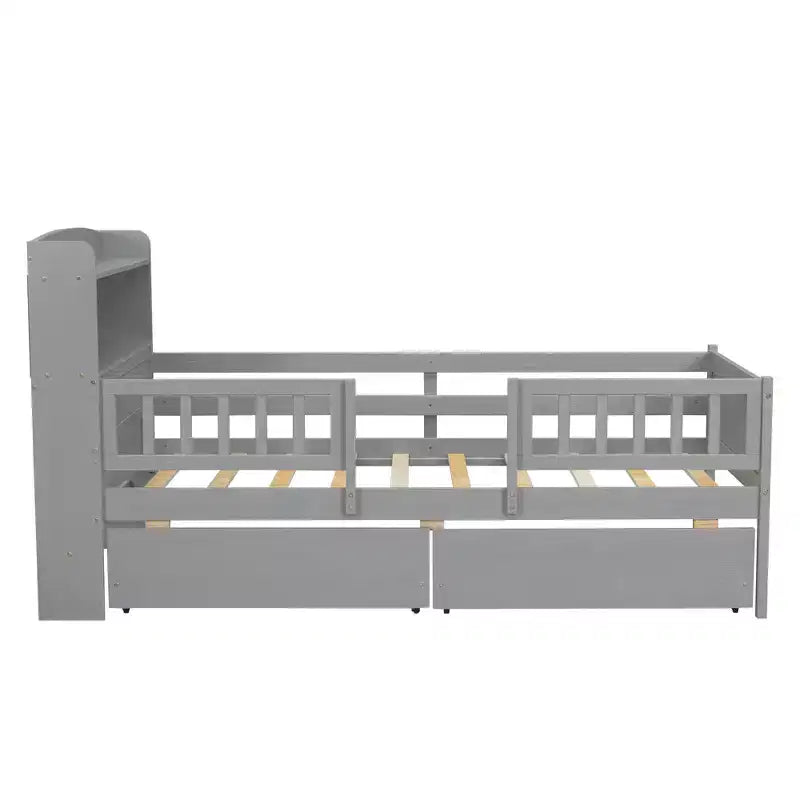 Lit plateforme double en bois avec éclairage LED intégré, tête de lit multifonctionnelle, garde-corps et tiroirs