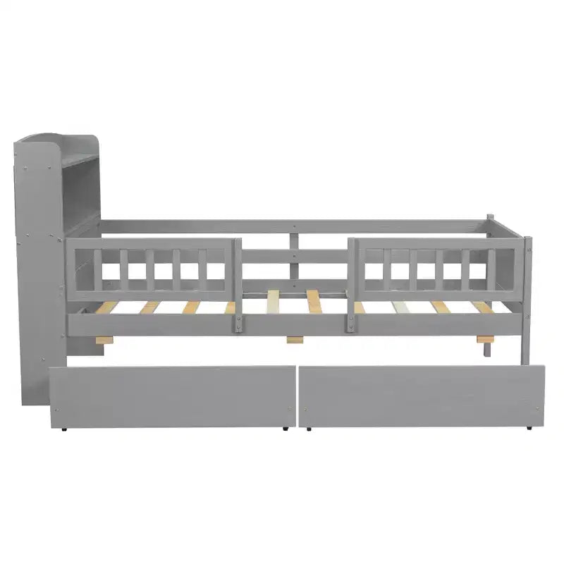 Lit plateforme double en bois avec éclairage LED intégré, tête de lit multifonctionnelle, garde-corps et tiroirs