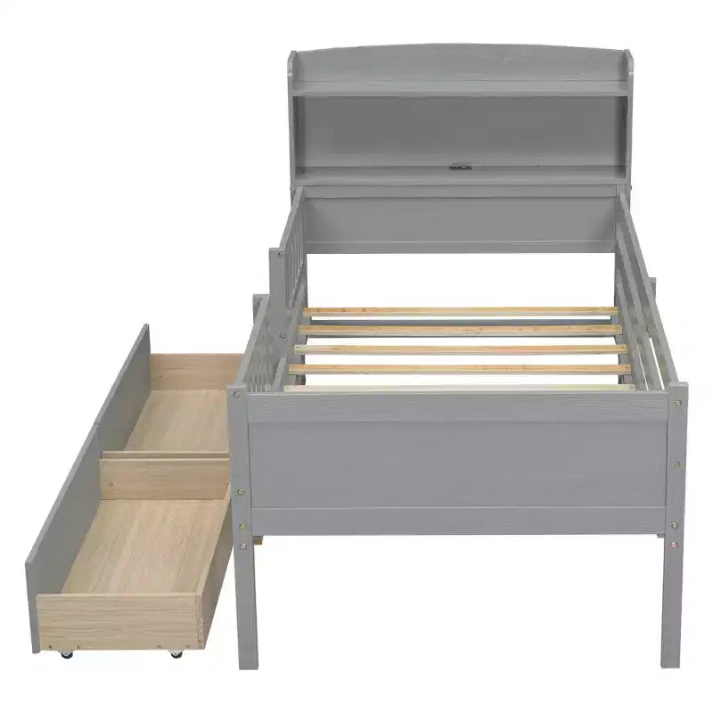 Lit plateforme double en bois avec éclairage LED intégré, tête de lit multifonctionnelle, garde-corps et tiroirs