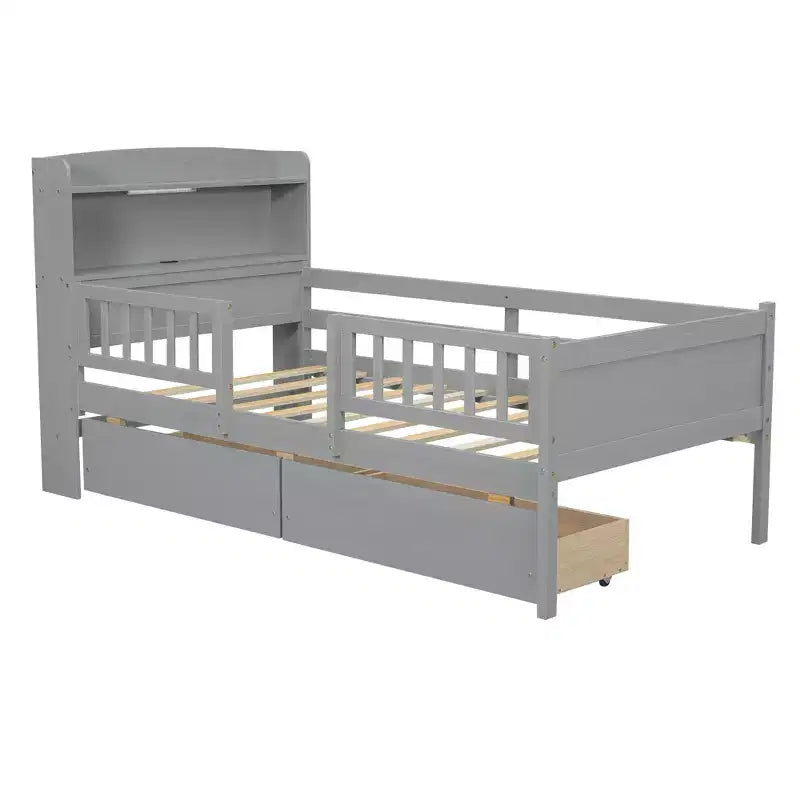 Lit plateforme double en bois avec éclairage LED intégré, tête de lit multifonctionnelle, garde-corps et tiroirs