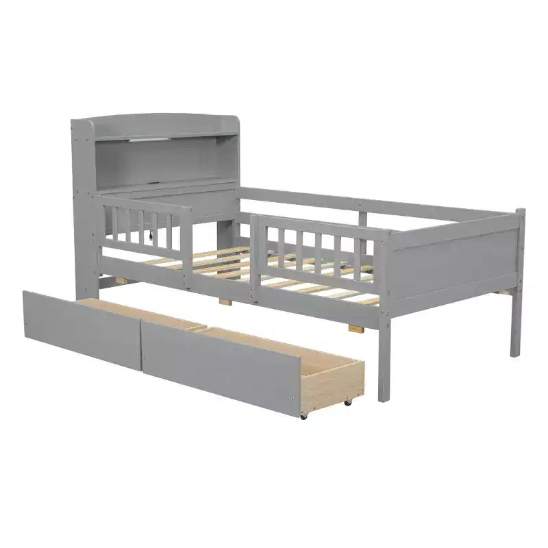 Lit plateforme double en bois avec éclairage LED intégré, tête de lit multifonctionnelle, garde-corps et tiroirs