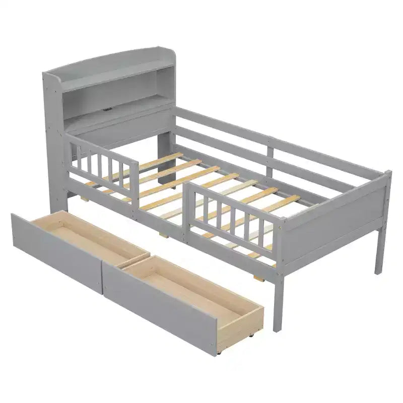 Lit plateforme double en bois avec éclairage LED intégré, tête de lit multifonctionnelle, garde-corps et tiroirs