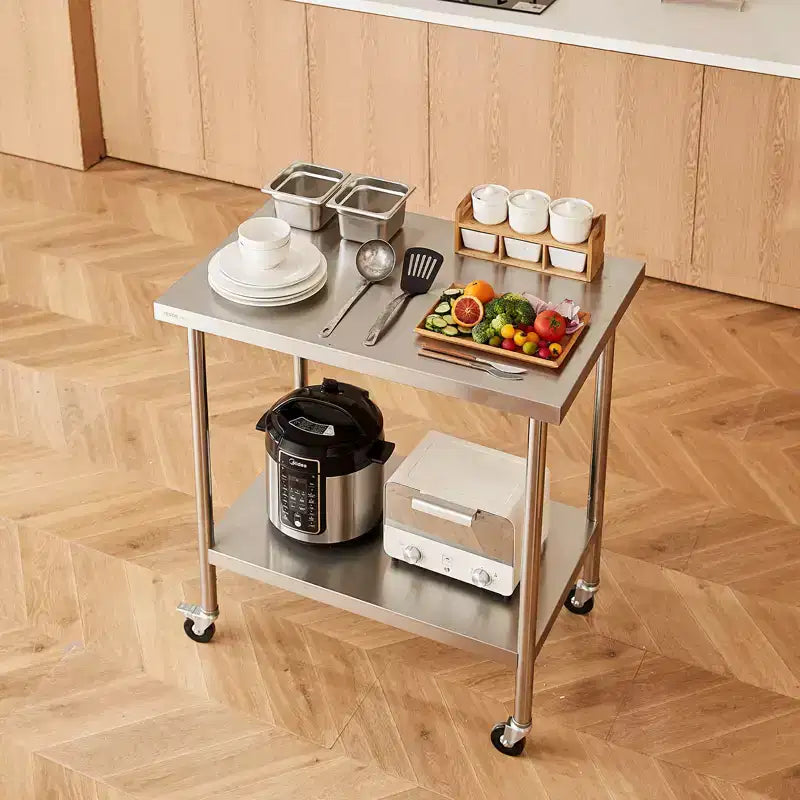 Table de travail en acier inoxydable 30 x 36 x 38 pouces, avec 4 roues, 3 niveaux de hauteur réglables, table de préparation alimentaire robuste pour cuisine commerciale