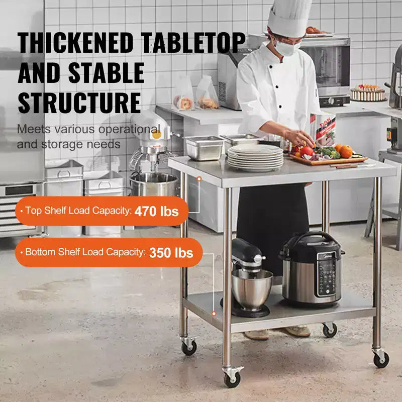 Table de travail en acier inoxydable 30 x 36 x 38 pouces, avec 4 roues, 3 niveaux de hauteur réglables, table de préparation alimentaire robuste pour cuisine commerciale