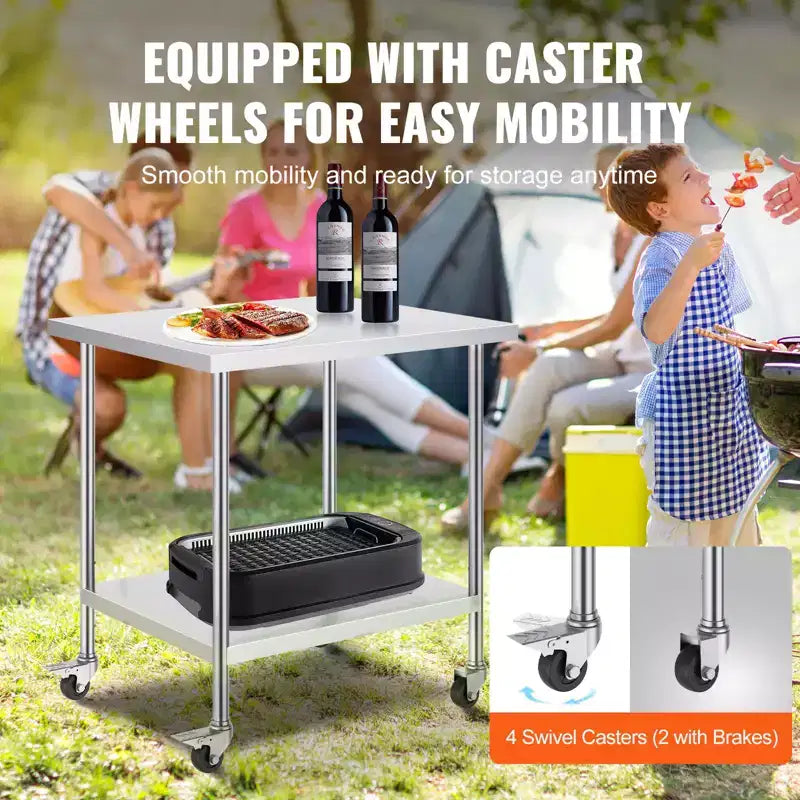 Table de travail en acier inoxydable 30 x 36 x 38 pouces, avec 4 roues, 3 niveaux de hauteur réglables, table de préparation alimentaire robuste pour cuisine commerciale