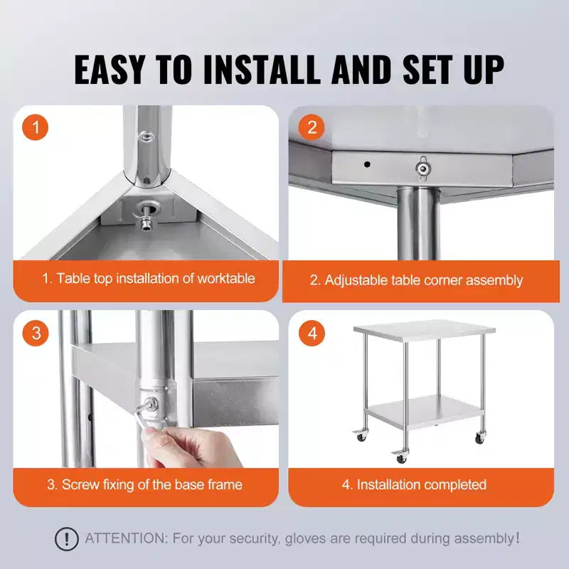 Table de travail en acier inoxydable 30 x 36 x 38 pouces, avec 4 roues, 3 niveaux de hauteur réglables, table de préparation alimentaire robuste pour cuisine commerciale