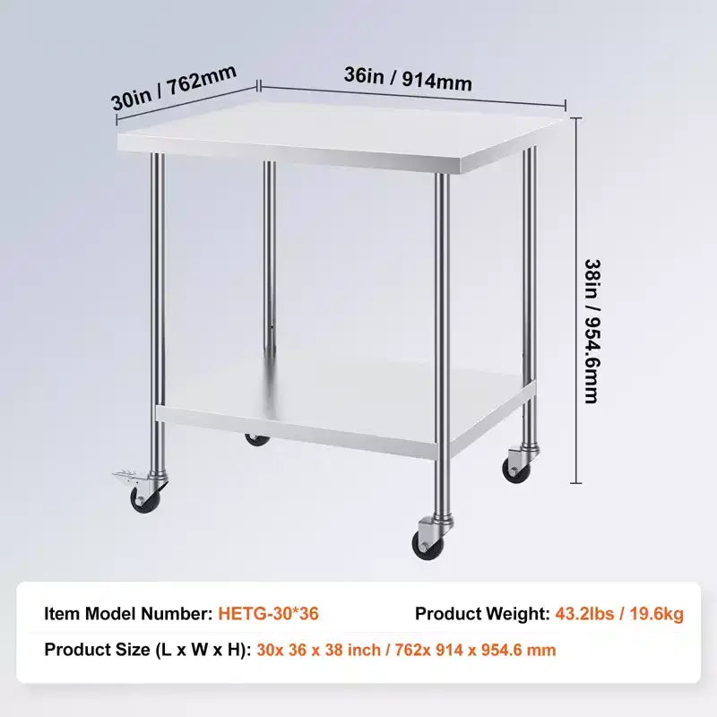 Table de travail en acier inoxydable 30 x 36 x 38 pouces, avec 4 roues, 3 niveaux de hauteur réglables, table de préparation alimentaire robuste pour cuisine commerciale