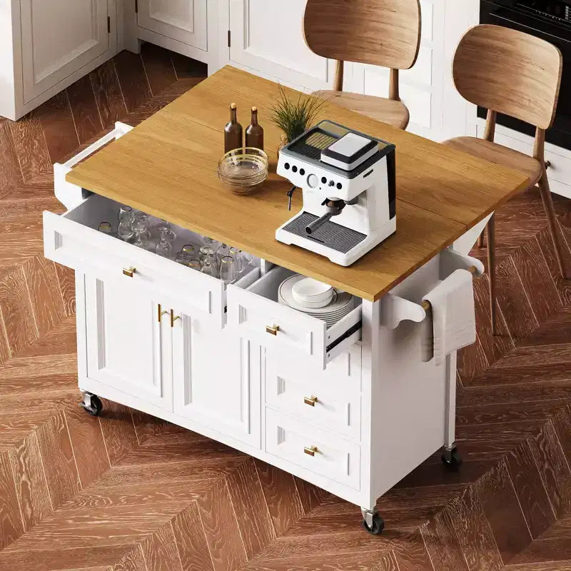 Îlot de cuisine de 52 po avec abattant, étagères intégrées, tiroirs et étagère réglable, îlot de cuisine sur roulettes