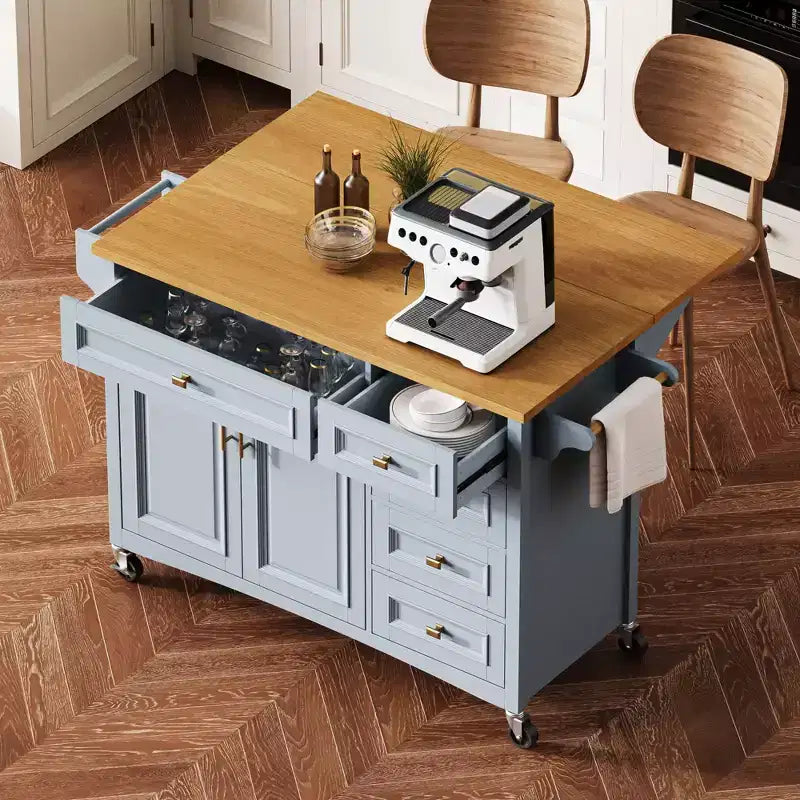 Îlot de cuisine de 52 po avec abattant, étagères intégrées, tiroirs et étagère réglable, îlot de cuisine sur roulettes