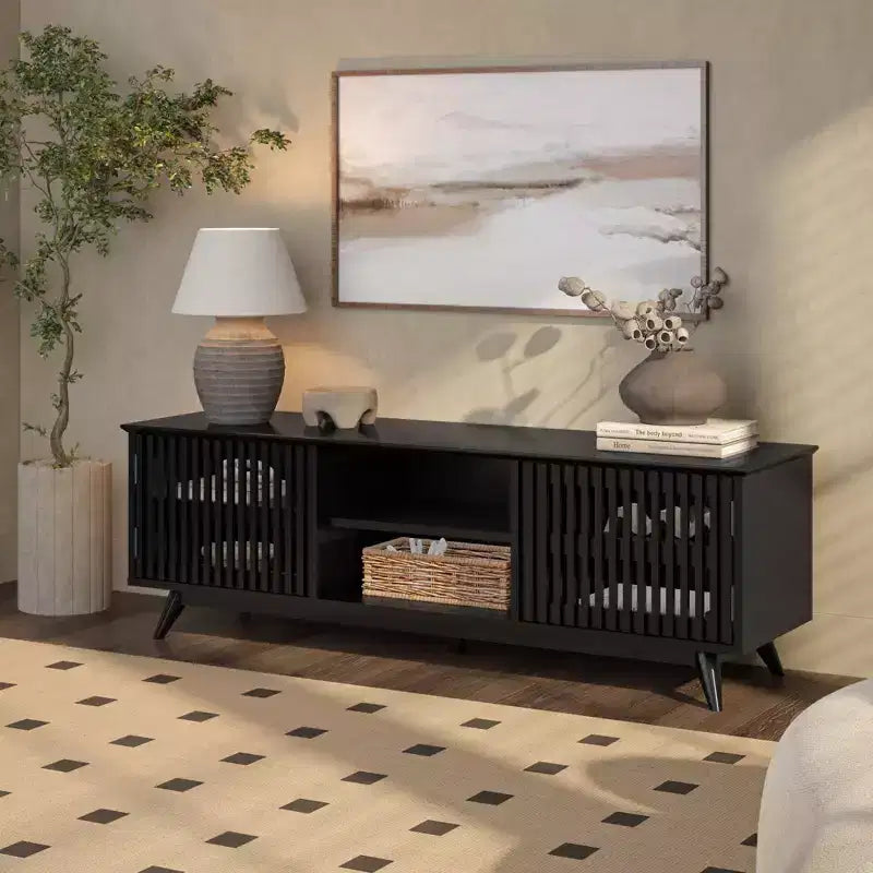Meuble TV Mid Century Modern en bois massif avec 2 portes