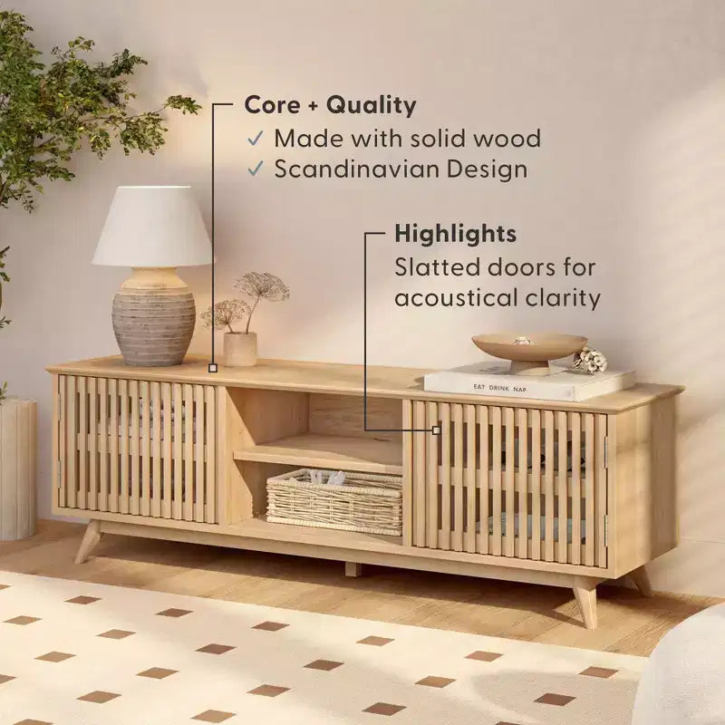 Meuble TV Mid Century Modern en bois massif avec 2 portes