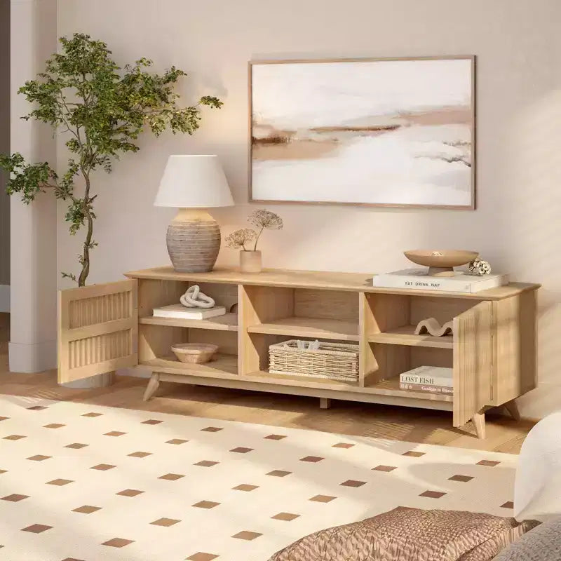 Meuble TV Mid Century Modern en bois massif avec 2 portes