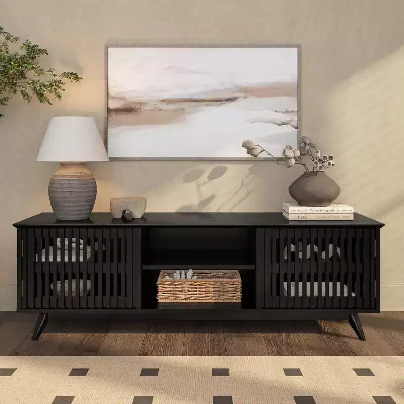 Meuble TV Mid Century Modern en bois massif avec 2 portes