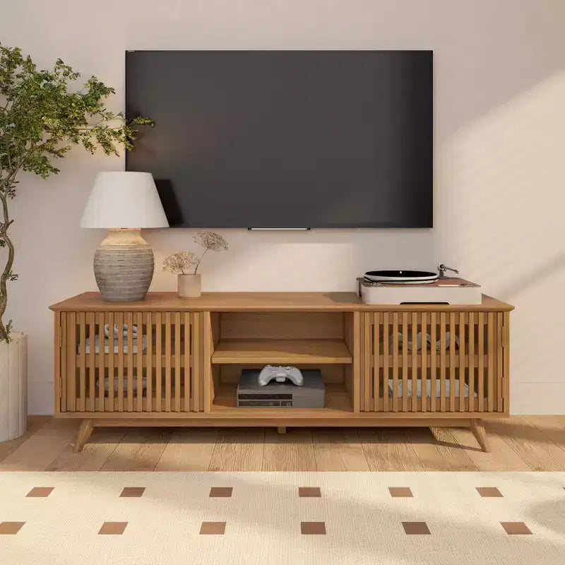 Meuble TV Mid Century Modern en bois massif avec 2 portes