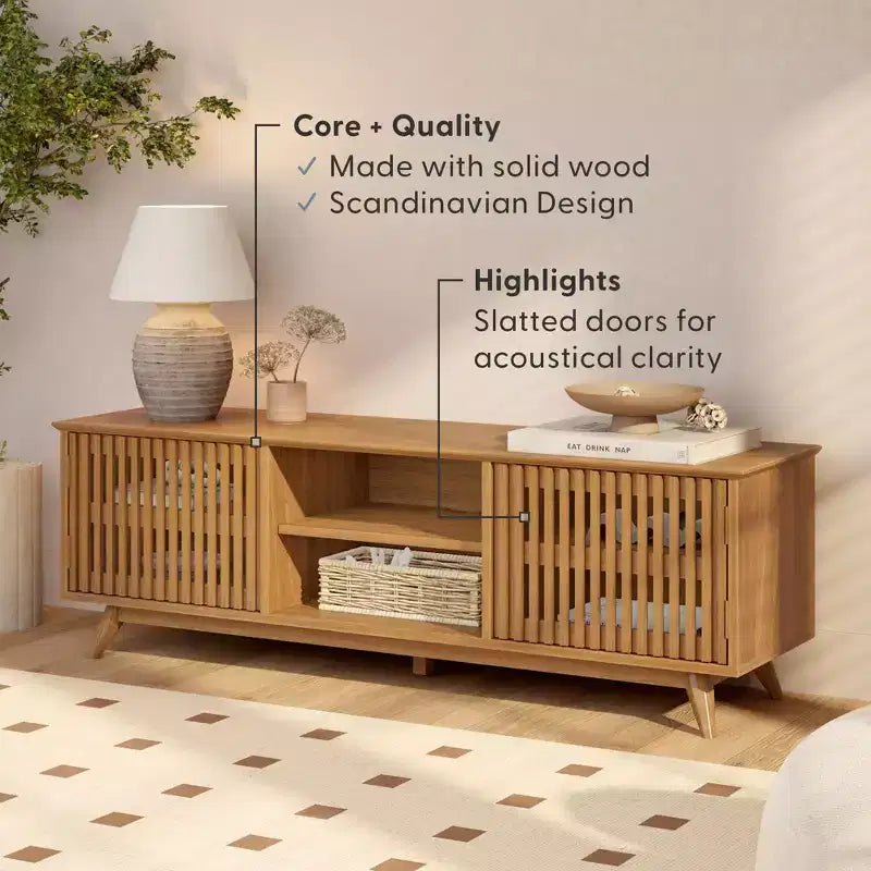 Meuble TV Mid Century Modern en bois massif avec 2 portes