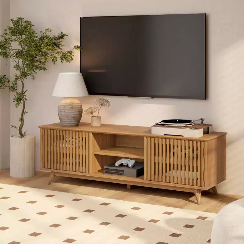 Meuble TV Mid Century Modern en bois massif avec 2 portes