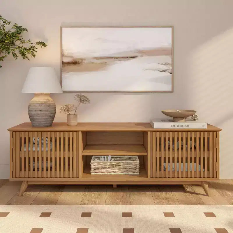 Meuble TV Mid Century Modern en bois massif avec 2 portes