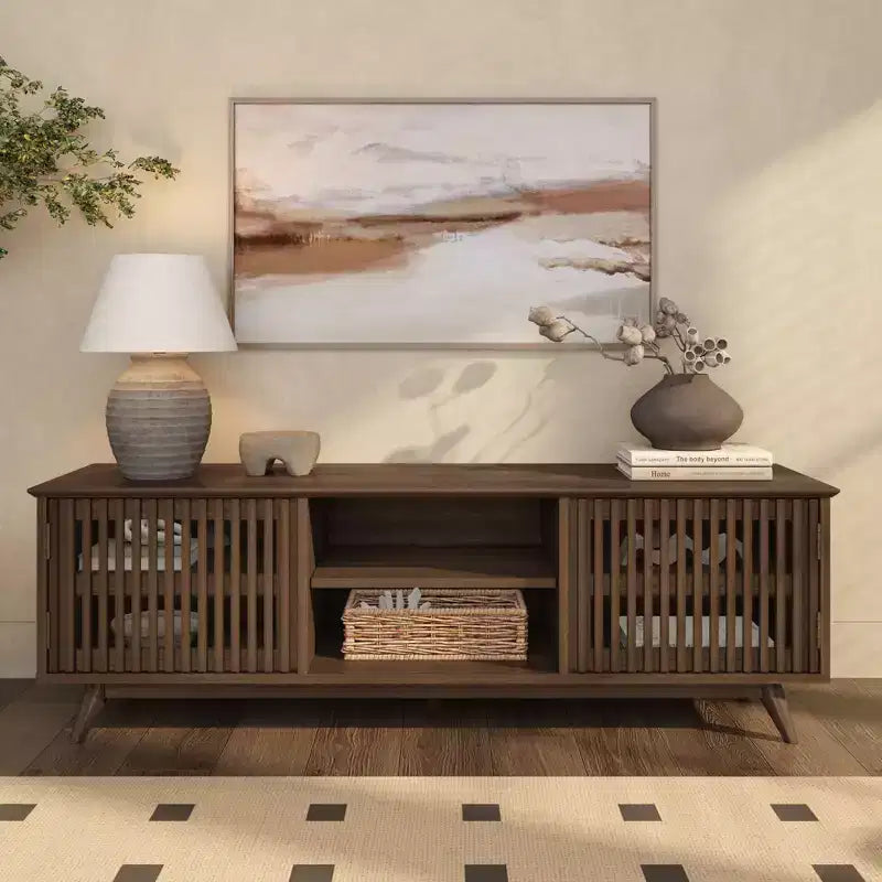 Meuble TV Mid Century Modern en bois massif avec 2 portes