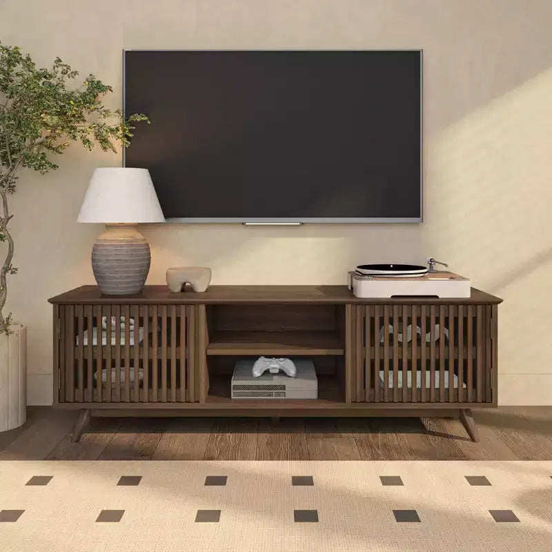 Meuble TV Mid Century Modern en bois massif avec 2 portes