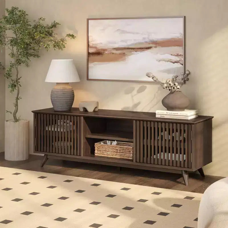Meuble TV Mid Century Modern en bois massif avec 2 portes