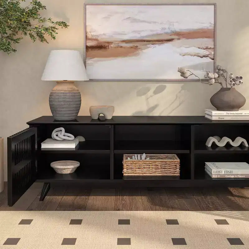 Meuble TV Mid Century Modern en bois massif avec 2 portes