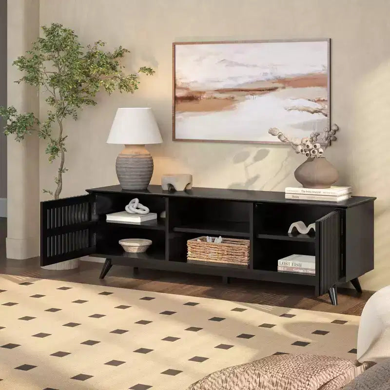 Meuble TV Mid Century Modern en bois massif avec 2 portes