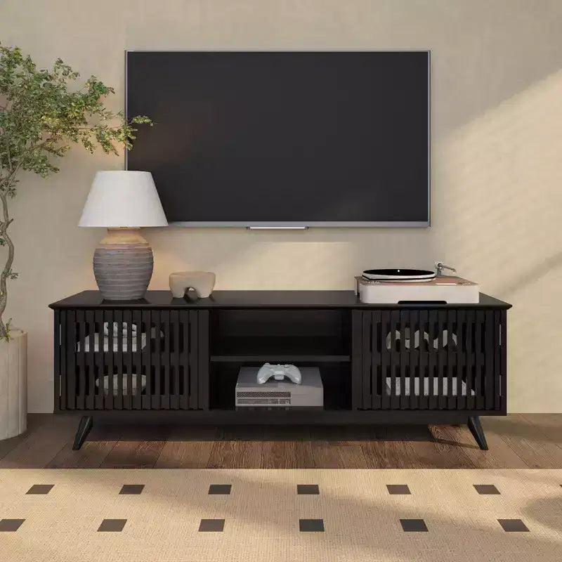 Meuble TV Mid Century Modern en bois massif avec 2 portes