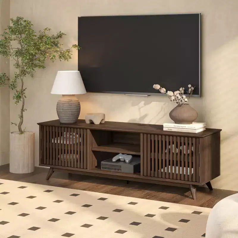 Meuble TV Mid Century Modern en bois massif avec 2 portes