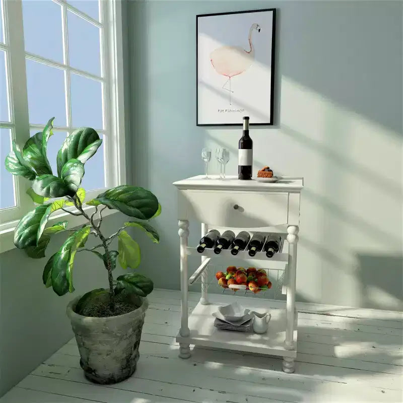 Desserte de cuisine Euro avec 1 tiroir, 2 étagères de rangement et 1 panier, blanche