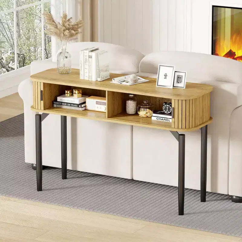 Console cannelée avec tiroirs, Tables d'entrée étroites avec rangement et étagères