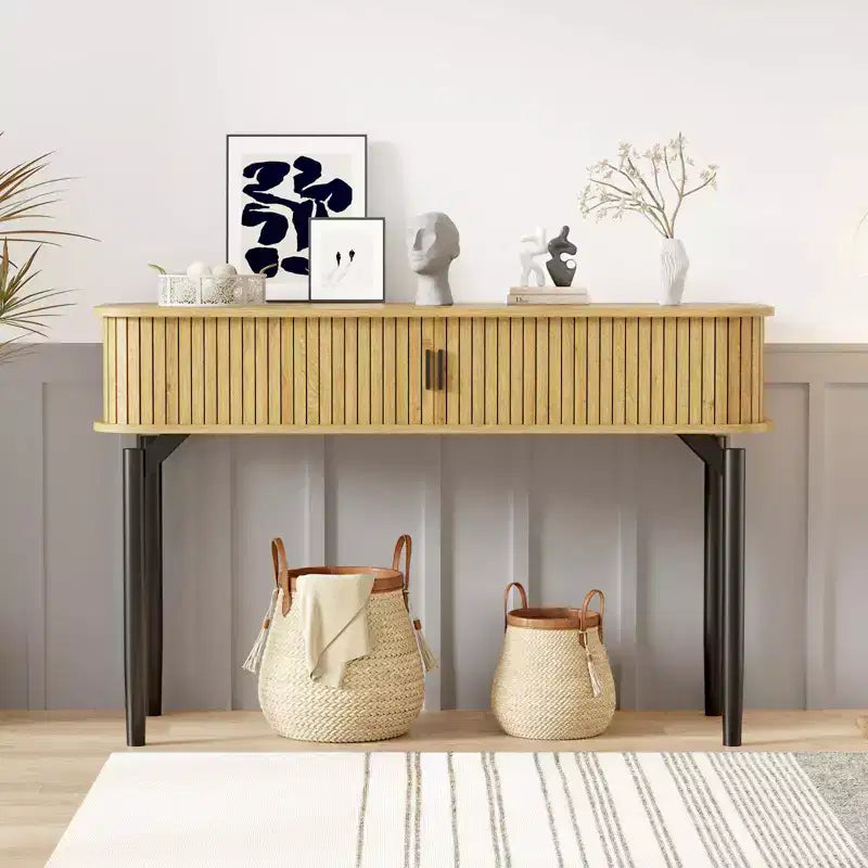 Console cannelée avec tiroirs, Tables d'entrée étroites avec rangement et étagères