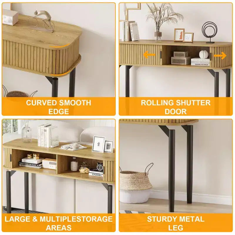Console cannelée avec tiroirs, Tables d'entrée étroites avec rangement et étagères