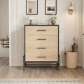 Commode haute à 4 tiroirs, Meuble de rangement de 98 cm de large, Commode moderne en bois pour chambre, salon, entrée, chêne naturel + noir