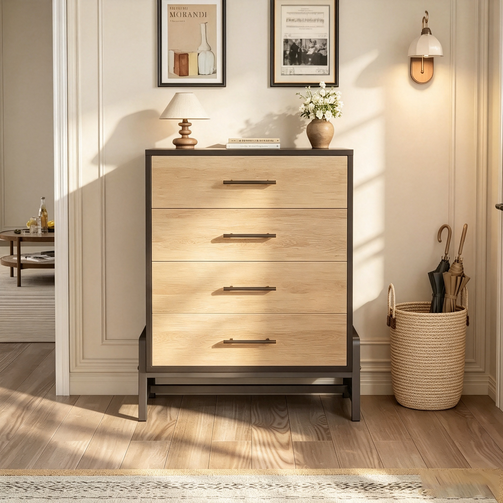 Commode haute à 4 tiroirs, Meuble de rangement de 98 cm de large, Commode moderne en bois pour chambre, salon, entrée, chêne naturel + noir