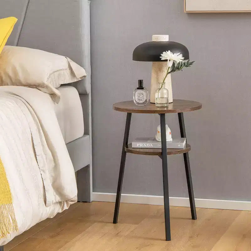 Table de chevet ronde à 2 niveaux pour chambre à coucher ou salon, marron/noyer