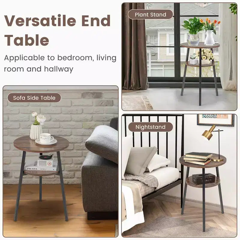 Table de chevet ronde à 2 niveaux pour chambre à coucher ou salon, marron/noyer