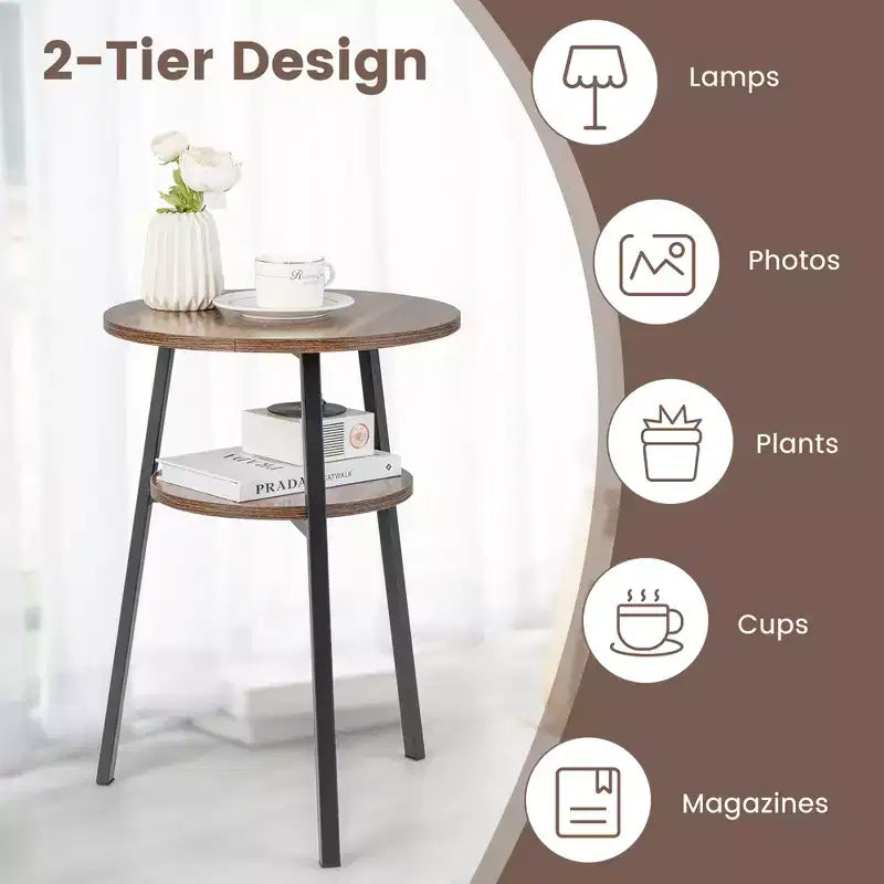 Table de chevet ronde à 2 niveaux pour chambre à coucher ou salon, marron/noyer
