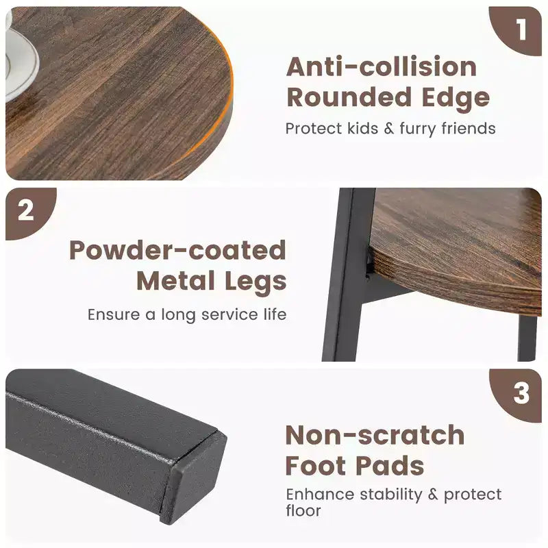 Table de chevet ronde à 2 niveaux pour chambre à coucher ou salon, marron/noyer